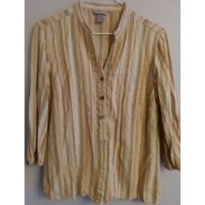 Womens IB Diffusion Blouse Large Linen Blend Multicolor Stripe Collar 3/4 Sleeve
